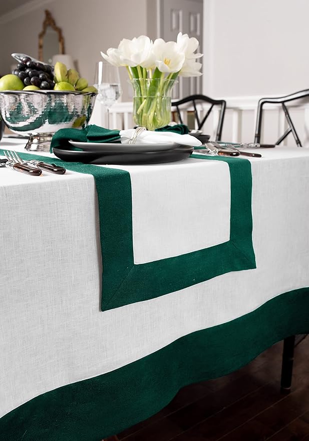 Solino Home Linen Tablecloth for Rectangle Tables 60 x 90 Inch - 100% Pure Linen Rainforest and White Table Cloth - Contempo, Machine Washable Cloth Tablecloth for Winter, St Patricks Day