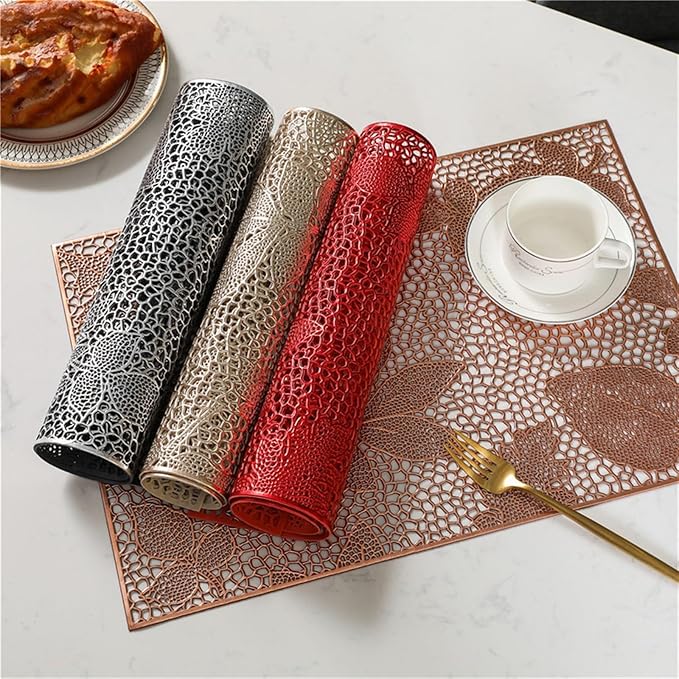 Square Table Mat Placemats Washable PVC Cloth Pad Tablemats Stain- Dining Disc Bowl Coaster Non-Slip(Rose,6 PCS)