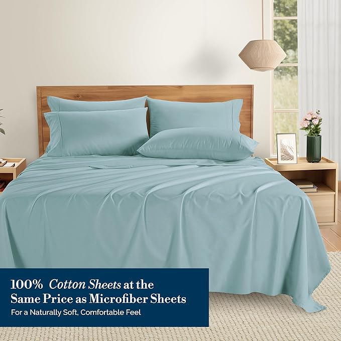 Casa Platino Full Sheets Sets – 100% Cotton Full Sheets Cooling with 4 Pillowcases, 15" Deep Pocket Fitted Sheet, Crisp & Smooth Feel, Ultra Soft & Cozy, Fit – Blue Sky