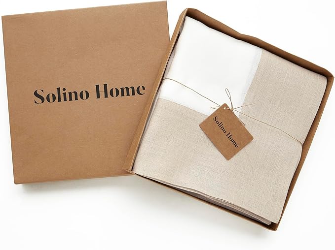 Solino Home Linen Tablecloth 60 x 120 Inch - 100% Pure Linen Natural and White Table Cloth for Rectangle Tables - Contempo, Machine Washable Tablecloth for Winter, Spring, Easter