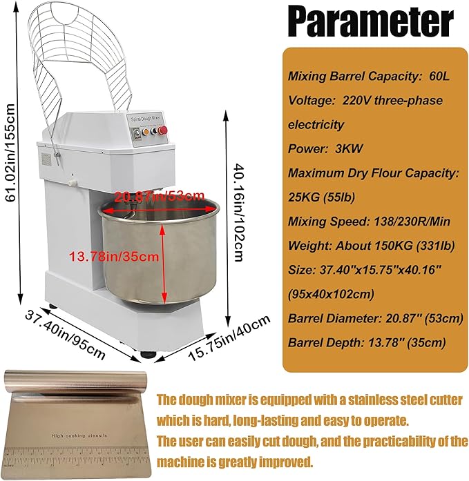 Commercial Stand Mixer 60L Double-acting Double-speed Dough Mixer Dough Kneading Machine Bread Spiral Mixer Automatic Dough Mixing Machine for Pizza Restaurant Bakeries Kitchen 220V
