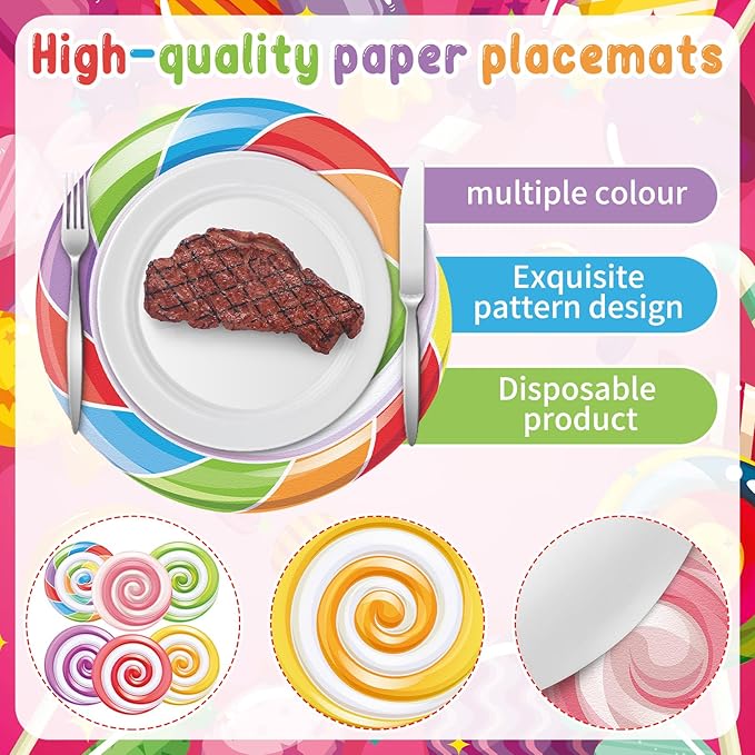 Hoolerry 54 Pcs Candy Themed Paper Placemat Disposable Party Candy Decorations Colorful Lollipop Candy Dinner Placemat for Birthday Baby Shower Party Supplies, 10 Inch