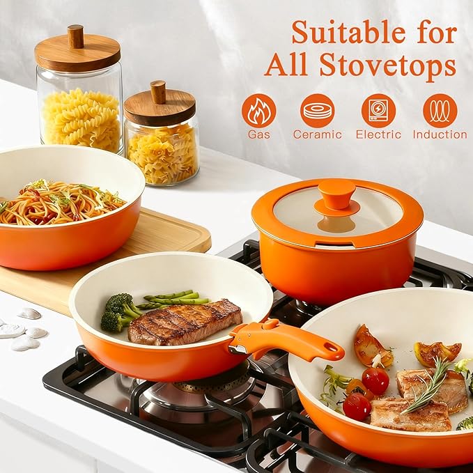 GiPP 5PCS Pots and Pans Set Non Stick, Nonstick Cookware Set Detachable Handle,Ceramic Pots for Cooking Non Stick with Removable Handle, RV Cookware Set, Orange Gradien