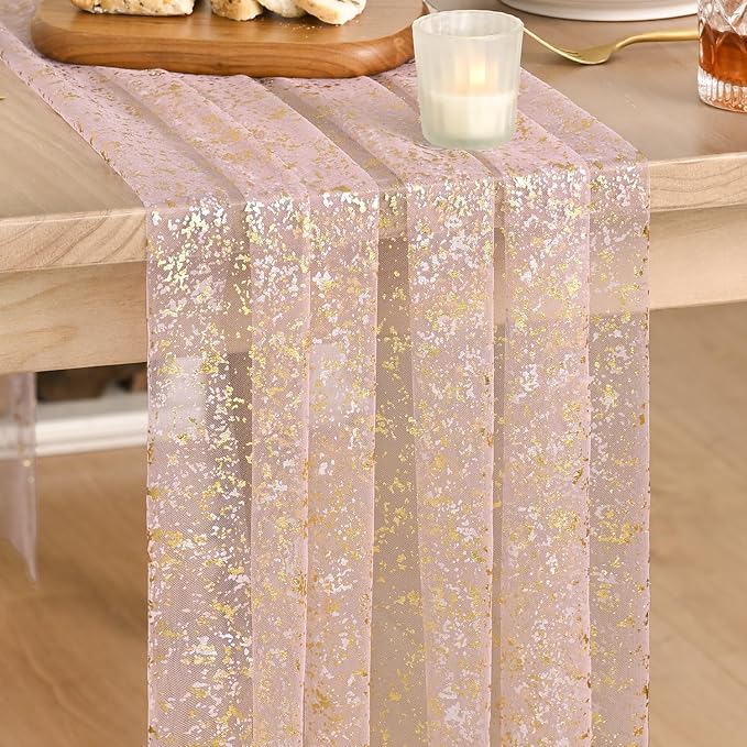 Artoid Mode Gold Gauze Pink Table Runner 120 Inch 10FT, Glitter Metallic Foil Sheer Dining Wedding Anniversary Holiday Birthday Table Decor for Home Party