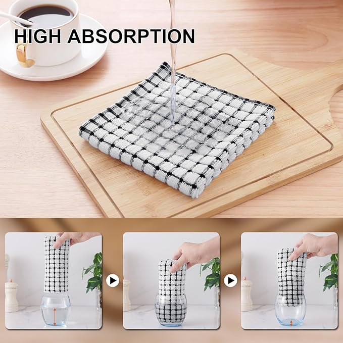 Kitinjoy Cotton 12 Pack Terry Kitchen Dish Cloths, 12 x 12 Inches Super Soft and Absorbent Dish Rags, Quick Drying Dish Towels for Washing Dishes, Black