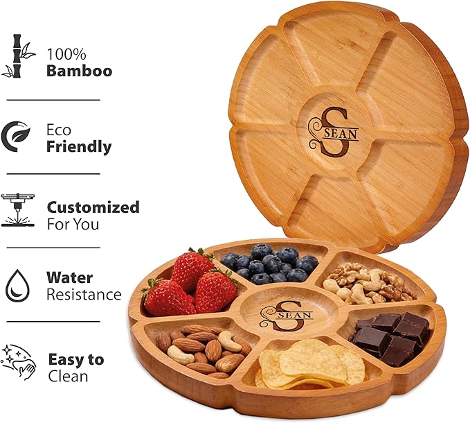 Custom Engraved Bamboo 11" Serving Tray – Personalized 7-Divided Flower Petal Platter, Perfect for Snacks, Appetizers, Charcuterie, Parties, Weddings, Housewarming, and Entertaining Gifts