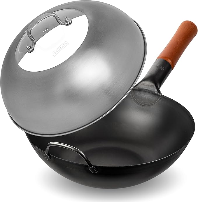 YOSUKATA Carbon Steel Wok Pan – 11,8 “ Woks and Stir Fry Pans + Wok Lid 11.4 In - Premium Stainless Wok Cover with Tempered Glass Insert Steam Holes and Ergonomic Handle