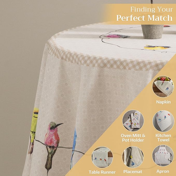 Maison d' Hermine Table Cloth Round Table 100% Cotton 69 Round Inches Tablecloth Reusable Decorative for Dining Room Farmhouse Home Valentines Day Decorations Spring Summer - Birdies on Wire