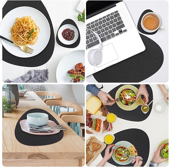 PU Leather Placemats Set Dining Table Mats Wipeable Easy to Clean Stain Heat Waterproof Place Mats(Blue,4xPlacemat 4xCoaster)