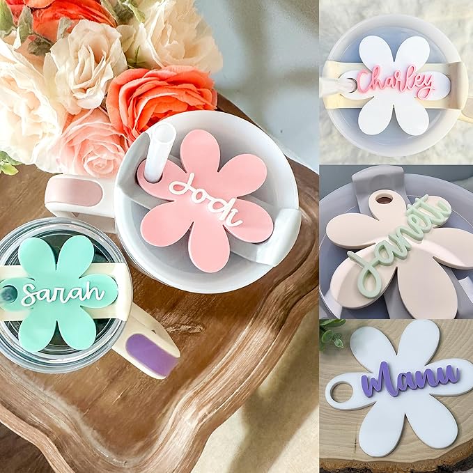 Personalized Stanl-y Tumbler Name Plates, Raised Lettering Stanl-y Cup Name Plate for Lid, Custom Acrylic Stanl-y Name Tag for Quencher H2.0 14 20 30 40 Oz, Tumbler Lid Topper ID Accessories