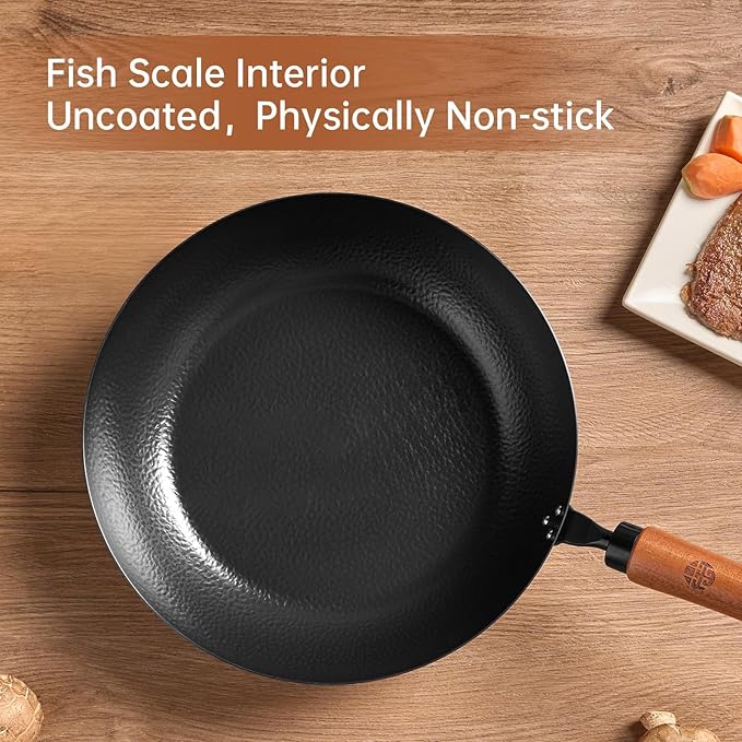 WANGYUANJI 11-Inch Carbon Steel Frying Pan with Beech Wooden Handle & Glass Lid - Physical Non-Stick, Non-Coating Skillet for Induction, Sautéing, Frying, Stir-Frying