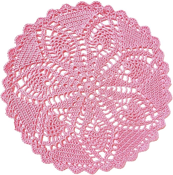BIBITIME Lace Placemats Table Doilies Round Handmade Crochet Doily Kitchen Cup Mug Mats (Pink, 11 to 12 inches-2PC)