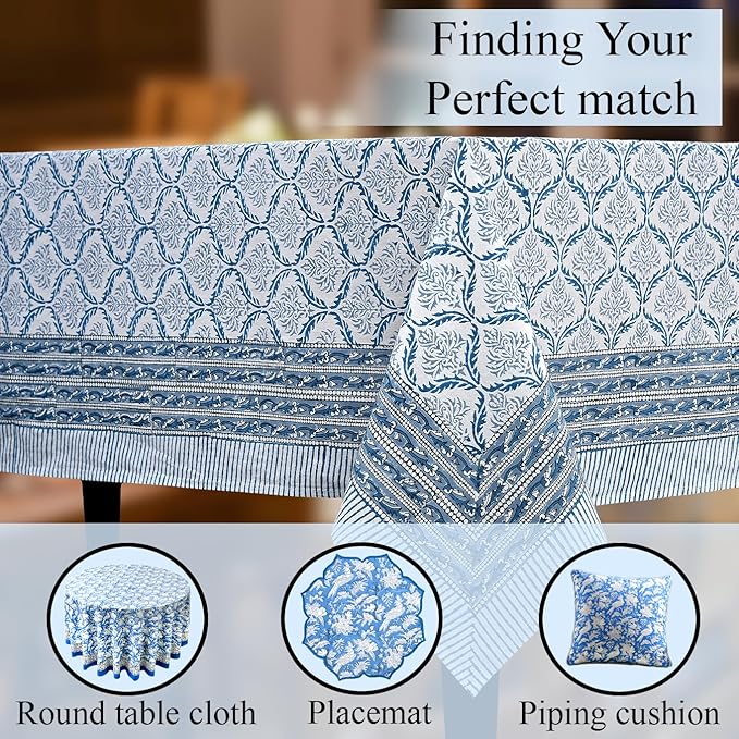 CPC Indigo Regal Tablecloth 100% Cotton 80x120 Inch Indian Block Print Rectangle Table Cover, Table Cloth for Gifting in Weddings, Halloween, Fall, Christmas, Thanksgiving