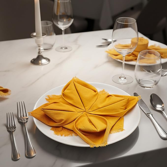 Lightnpro Cotton Napkins Set of 12, Beautiful Handmade Fringe Dinner Cloth Napkins, Washable and Reusable for Dining, Parties, Weddings, Holiday & Everyday Use - 18x18 Inch Mustard