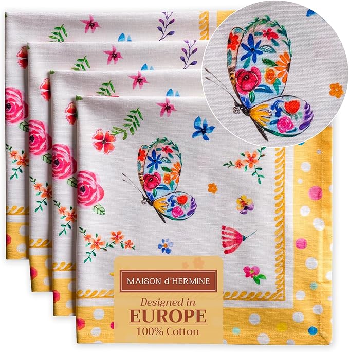 Maison d' Hermine Cloth Napkins Set of 4 100% Cotton Everyday Reusable Square Napkins Cloth Washable Dinner Wedding Valentines Day Decorations Spring/Summer (Happy Florals - Sweety, 20" x 20")