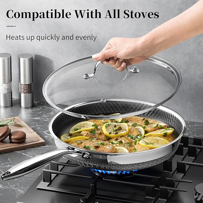 Non Stick Frying Pan with Lid, 10 Inch Hybrid Tri-Ply Stainless Steel Non Stick Skillet W/Lid Titanium Ceramic Nonstick Cookware No Toxic Induction Omelette Frying Pan, Oven Safe, PFAS/PFOA/PTFE Free