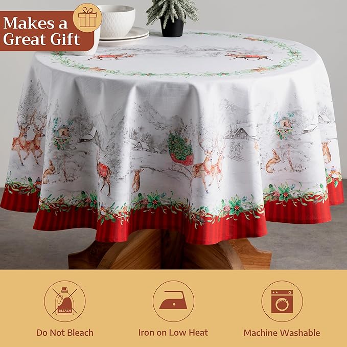 Maison d' Hermine Table Cloth Round Table 100% Cotton 63 Inches Fall Tablecloth Reusable Everyday Use for Thanksgiving Christmas Decorations Dining Farmhouse Party (Christmas Tradition)