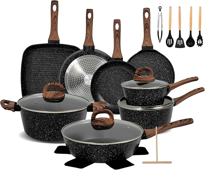 EWFEN Nonstick Pots and Pans Set, 25-Piece Ceramic Cookware Set, Induction Kitchen Cooking Set with Frying Pans Saucepans & Utensils, Healthy Non-toxic, PFAS/PTFE/PFOA Free, Black