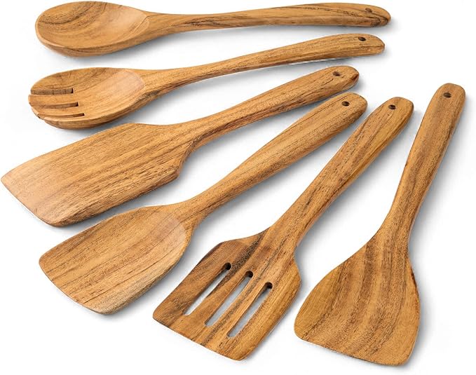 Mie Creations Acacia Wood Spatulas for Cooking, 6 Pcs Wooden Kitchen Cooking Utensils for Nonstick Pans & Cookware, Set of 6 Turner, Paddle, Slotted Spatula, Spoon, Fork, Sturdy Smooth Heat Resistant