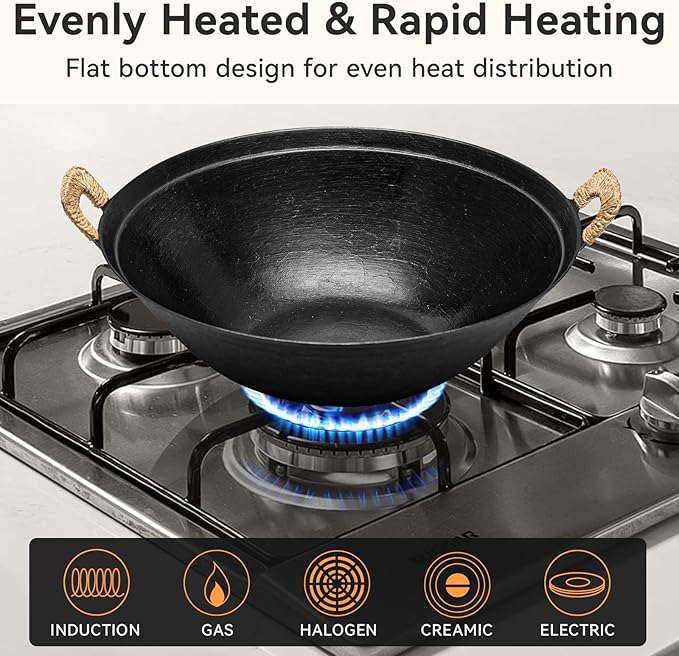 WANGYUANJI 14.2" Cast Iron Wok with Lid, Dual Handles - Flat Bottom Chinese Stir Fry Pan for Induction & Gas Stoves - Traditional Handcrafted Turtle Shell Texture, Uncoated & Non-Toxic