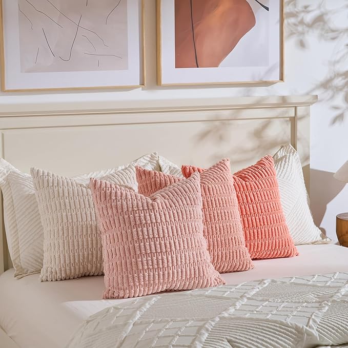 Fancy Homi 4 Packs Boho Blush Pink Euro Decorative Throw Pillow Covers 26x26 Inch for Living Room Bed, Soft Plush Striped Corduroy Square Light Pink Coral Peach Cream Colorful Cushion Case 66x66 cm