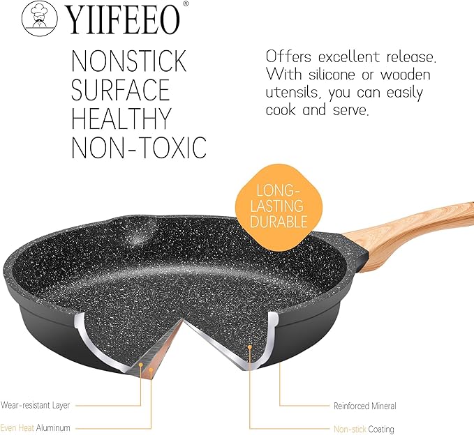 YIIFEEO Non Stick Frying Pan Set with Lids, Granite Skillet Set, Egg Omelette Pans for Cooking Pan Set, No Toxic Kitchen Cookware Set Compatible with All Stovetops (Gas & Induction), PFOA Free, Gift