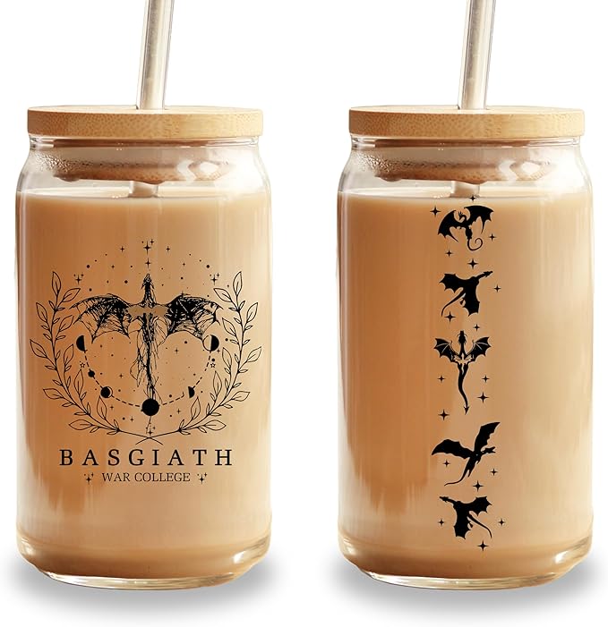 Sip Sip Hooray Fourth Wing Glass Cup with Lid and Straw, 16oz Bookish Iced Coffee Tumbler, Fantasy Dragon Romantasy Gift, Glass Cup for Readers, Booktok Merch, Aesthetic Coffee Cup