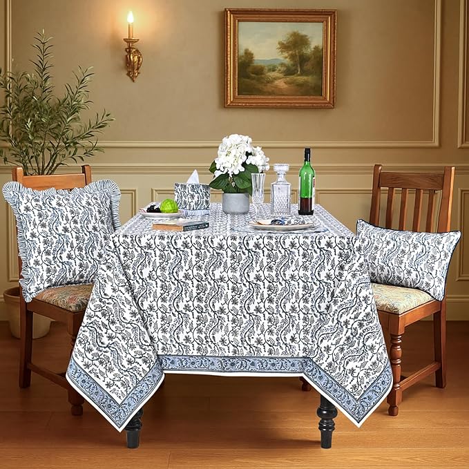 Ridhi Hand Block Print Baby Blue Eyes Rectangle Cotton Tablecloth 108" x 70" Reusable Table Cover Decorative Everyday Use for Dining, Farmhouse, Home Gift for Spring, Easter, Valentine