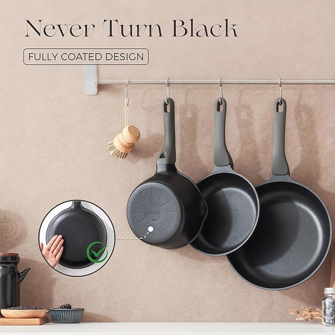 PRICUSIS 5Pcs Nonstick Frying Pan Set, Swiss ILAG Coating, 8+10+12 Inch Induction Compatible, Stay Cool Handle, Fully Coated, 100% Dishwasher Safe, PFOA Free Omelet Pans, Warp Resistant (Black Sesame)