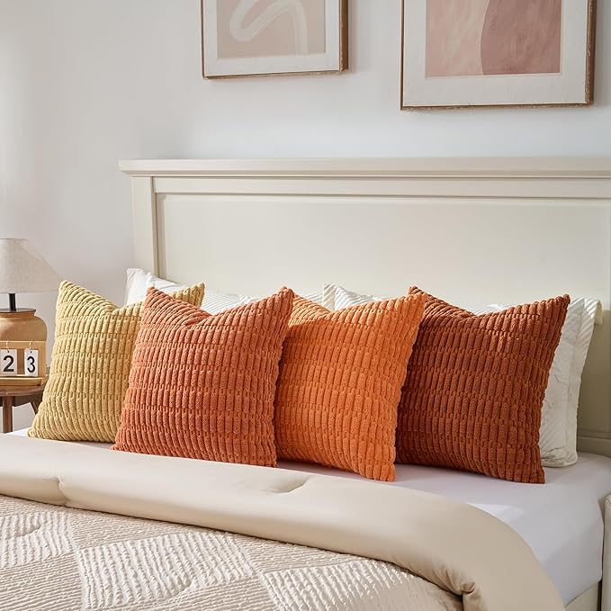 Fancy Homi Set of 4 Burnt Orange Fall Decorative Throw Pillow Covers 18x18 Inch for Couch Bed Chair, Modern Farmhouse Boho Room Decor, Soft Fuzzy Corduroy Textured Striped Cushion Case 45cm