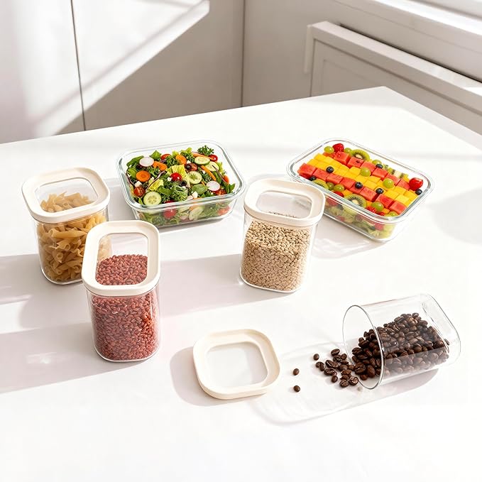 Urban Green Glass Food Storage Jar with Glass Lid in Square Shape, Food Canister Set with Airtight Lids, Pantry Jars for Kitchen Organization, Food Storage Containers in Set of 6