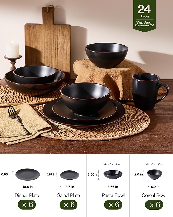 Famiware Venus Speckled Dinnerware Set with Pasta Bowls, Service for 6 (24 Pieces), Stoneware Plates and Double Bowls Sets, Microwave & Dishwasher-Safe Dishes with Trim, Matte Black