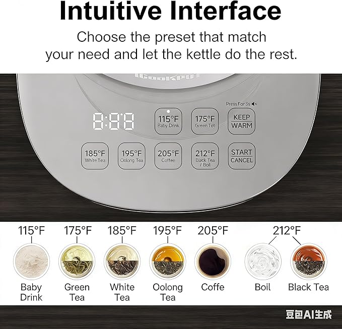 1500W Titanium Hot Tea Maker Glass Electric Kettle with Infuser and Temperature Control, 1.5L Tea Maker Rapid Boiling,Programmable Control for your Favorite Teas and Coffee, Grey