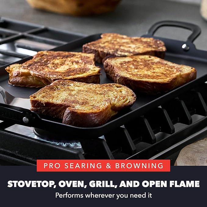 GreenPan x Bobby Flay 18" x 11" Carbon Steel Double Burner Pan, Pre-Seasoned Ready to Use, Induction Compatible, High Heat & Oven Safe Durable Cookware, Cast Iron Alternative