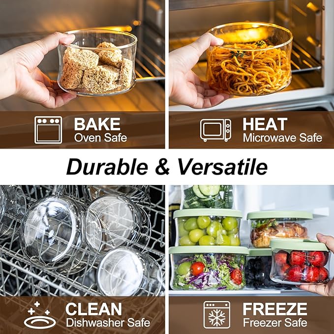 Glass Food Storage Containers with Lids, Leak-Proof BPA Free Round Glass Containers with Lids for Storage soups and leftovers - Microwave, Dishwasher, Freezer Safe (Green 3PCS)