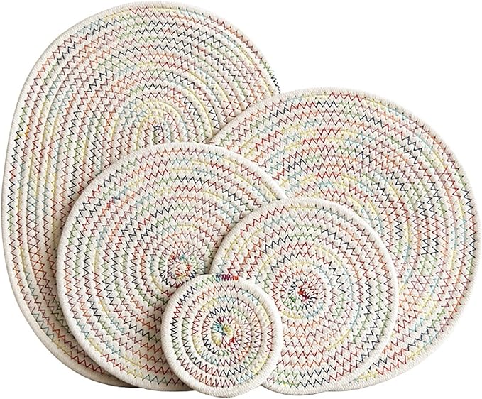 Cotton Woven Braided Round Coasters and Place Mats for Patio Outdoor Dining Kitchen Table Farmhouse Home Decor(Colorful Series,R 24cm)
