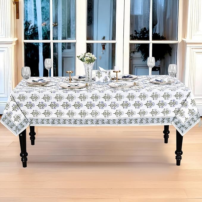 Ridhi Hand Block Print Mughal Buta Blue Rectangle Cotton Tablecloth 108" x 70" Reusable Table Cover Decorative Everyday Use for Dining, Farmhouse, Home Gift for Spring, Easter, Valentine