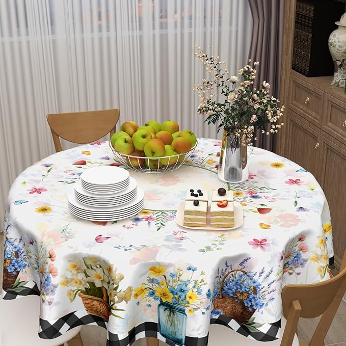 Spring Floral Round Tablecloth 70 Inch Summer Flower Vase Buffalo Plaid Circle Table Cloth Seasonal Holiday Rustic Easter Table Cover for Party Kitchen Dinner Home Decor