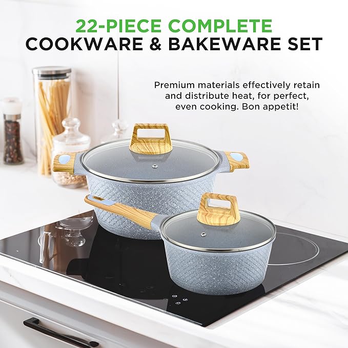 NutriChef 22‑Piece Non‑Stick Ceramic Pots and Pans Set – For All Cooktops Including Induction – PTFE & PFAS Free, Includes Bakeware & Utensils
