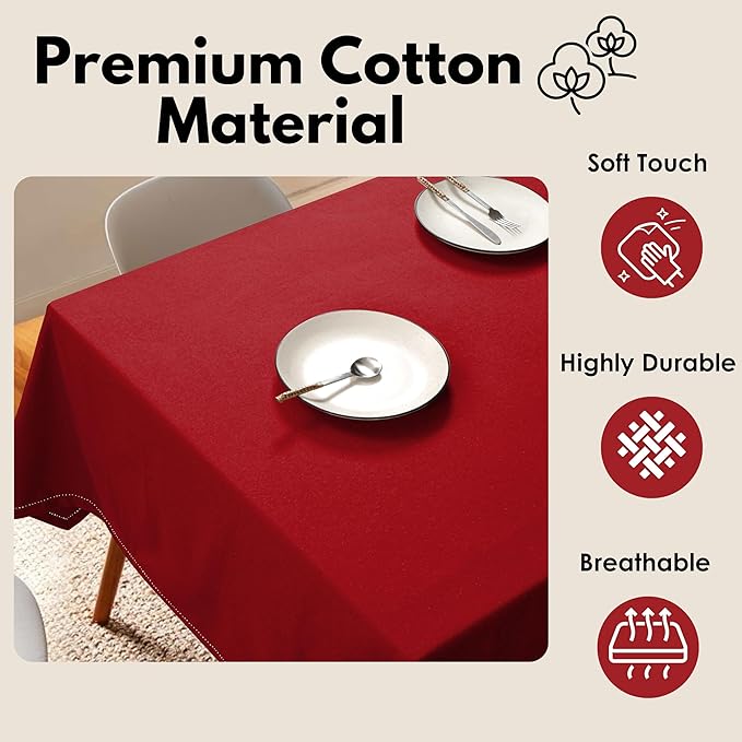 Rectangle 60"x84" Table Cloth 100% Cotton Table Cover Decorative Washable Tablecloths Cover for Gifts, Kitchen, Dining, BBQ, Buffet & Camping - Red