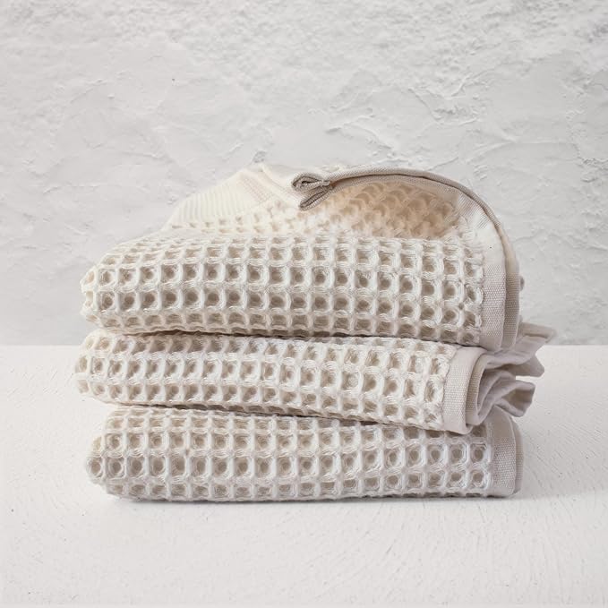 PÜSKÜL Waffle Kitchen Towels - Premium 100% Turkish Organic Cotton Ultra Soft Quick Dry Absorbent Lint Free Hand Dish Towel 32X16 Inches (3, Natural Beige)