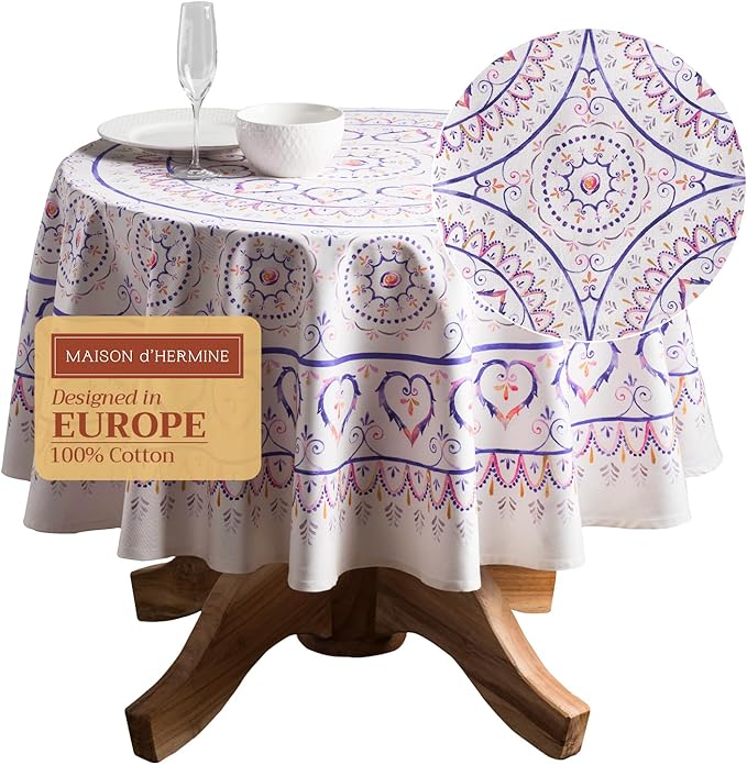 Maison d' Hermine Table Cloth Round Table 100% Cotton 63 Round Inches Tablecloth Reusable Decorative for Dining Room Farmhouse Home Valentines Day Decorations Spring Summer - Mandala