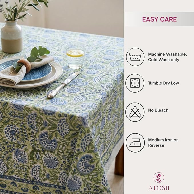 ATOSII Amara Green 100% Cotton Rectangle Fall Tablecloth, Handblock Floral Print Linen Table Cloth for Kitchen Dining I Parties, Weddings, Outdoors, Easter I Home Decor 60 X 90 Inches I 6 Seater