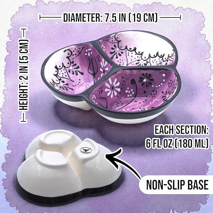 Ceramic Chip & Dip Bowl 7.5”, 3-Compartment Divided Serving Dish & Condiment Tray for Appetizers – Handmade in Spain, Lead-Free Glaze, Microwave, Oven & Dishwasher Safe