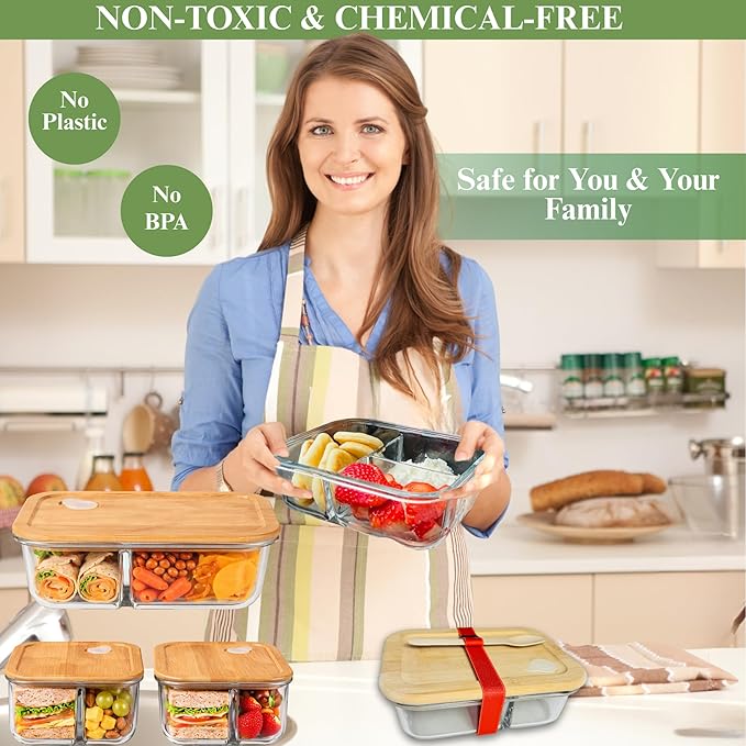 Glass Food Storage Containers with Bamboo Lids, Airtight Containers, Non Toxic Food Storage, Eco Friendly Fridge Storage Containers (2)