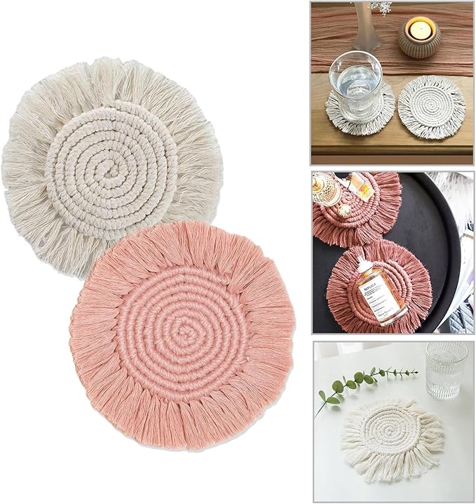 2 PCS Handmade Boho Coasters,100% Cotton Woven Macrame Absorbent Coasters for Drinks,Heat Resistant Office Cotton Coaster for Coffee Table,Desk Kitchen Dining Room Kitchen,Housewarming Gift(
