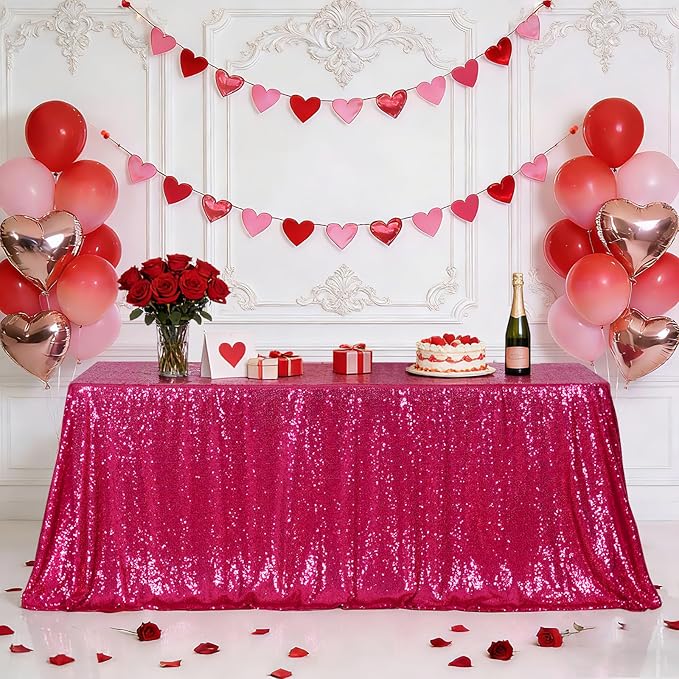 Eternal Beauty Hot Pink Tablecloth, 50x80 Inch Sequin Rectangle Table Cover for Valentines Cake Dessert Exhibition Party Birthday Events