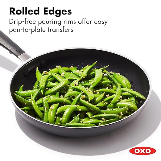 OXO Non-Stick Every Day Frying Pan Set, BPA-Free Comfort Grip Silicone Handles, Dishwasher & Oven Safe, PFAS-Free Ceramic Skillets, Black, 8”, 10” & 12”