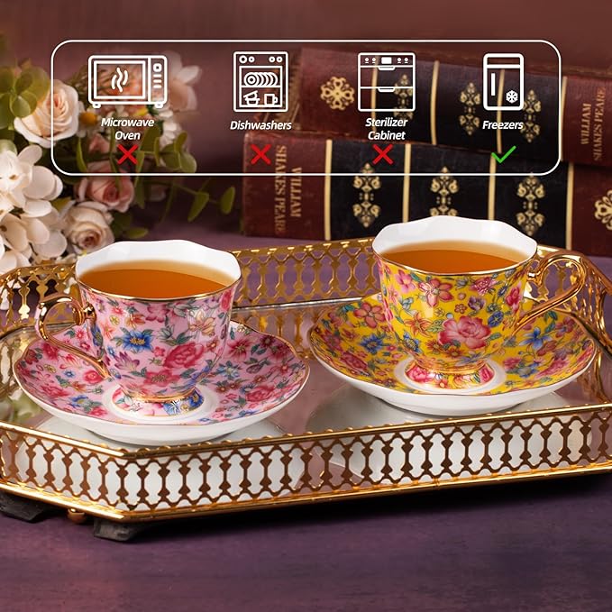 KAMMAK Tea Cups and Saucers Set of 2, Porcelain Coffee Cups with Saucer for Espresso, Cappuccino, 6.3oz Vintage Pink and Yellow Ceramic Novelty Mug for Home, Tea Party, Office