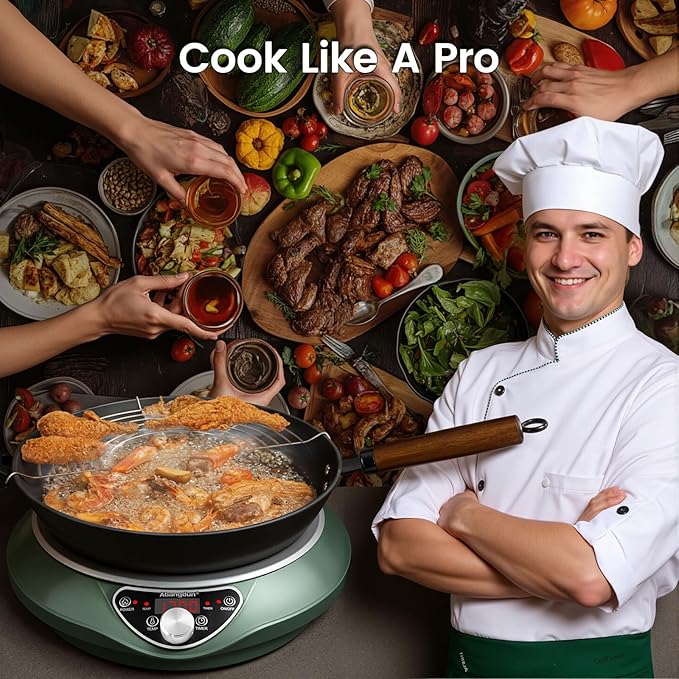 1700W 120V Wok Induction Cooktop,Non-Pulse Heating,16 Levels,18H Timer,13.4" Nitrided Carbon Steel Wok Set w/Lid&Steaming Rack,Round-Bottom Wok+ Flat Pan Compatible (<9"), Wok-Style Stir-Fry